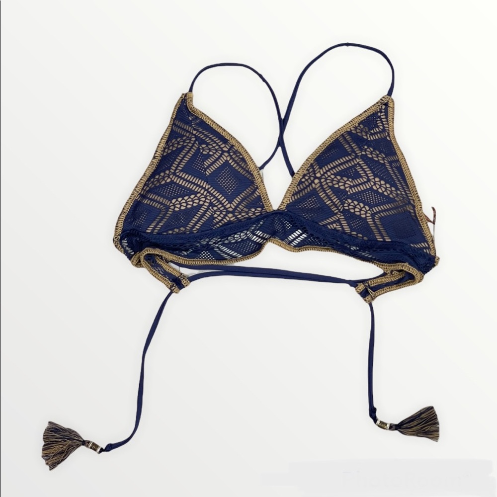 BECCA Two Tone Crochet Padded Bra Cups with Criss Cross Back Tassel Ties